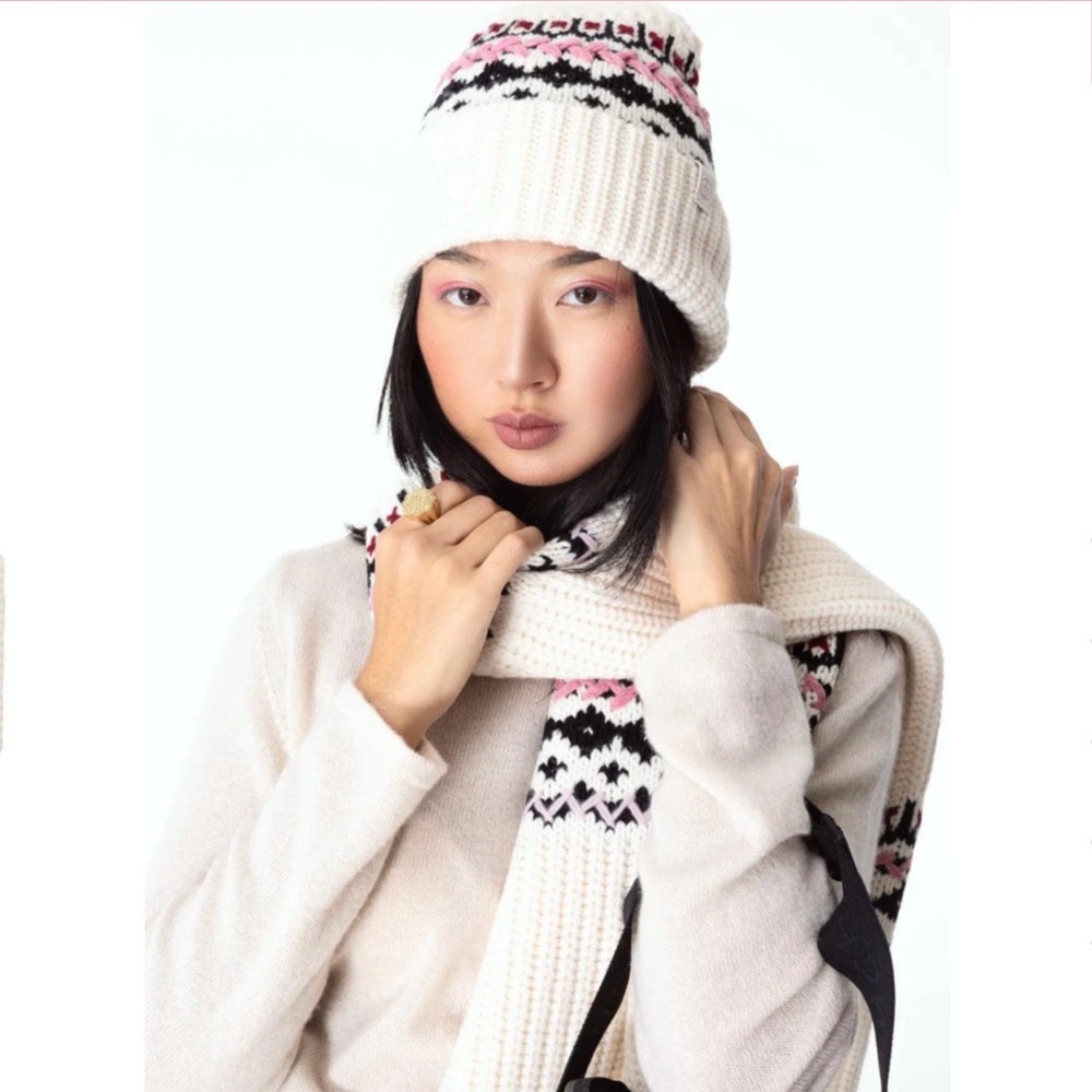 Rag & Bone. Leigh Fair Isle Scarf And Beanie Set Wool Blend Ivory